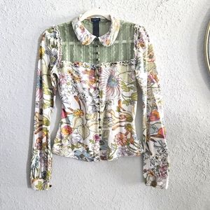 Custo One Of A Kind Floral Cotton Lace Peter Pan Collar Ruffle Button Down Shirt